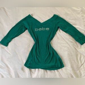 Bebe Teal V-Neck Top with Logo